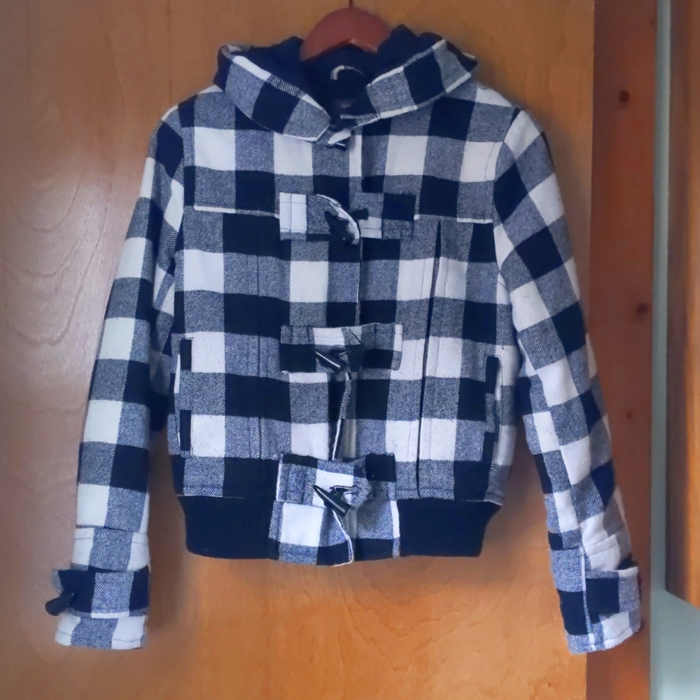 Retro Heavy Duty Wool Black and White Plaid Forever 21 Winter Coat Size Medium